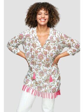 Roller Rabbit Serafina Floral Tunic Top Sz S Cotton Tassels Boho Beach Coverup